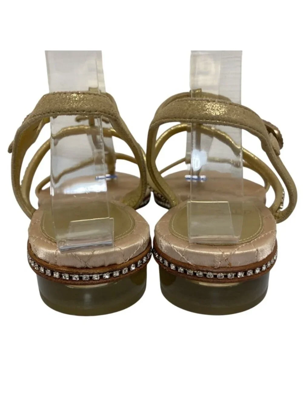 Chanel CC Logo Rhinestone Ankle Strap Flat Sandals 37C Gold